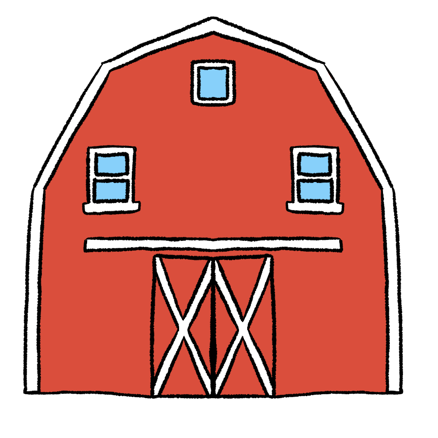 A digitally drawn classic red barn with white accents.