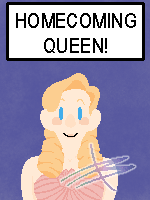 an artwork of Cassidy in a dress with the above text reading 'Homecoming Queen!'