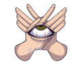 a symmetrical drawing of hands cross over each over. An eye is in front and looking high upwards/rolling back.